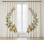 Citrus Garden Wedding Wreath Window Curtain Pair with dimensional printed themed artwork; representative AI-generated mockup.