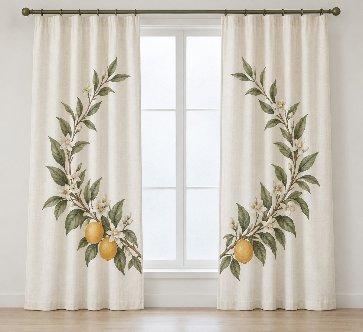 Citrus Garden Wedding Wreath Window Curtain Pair with dimensional printed themed artwork; representative AI-generated mockup.