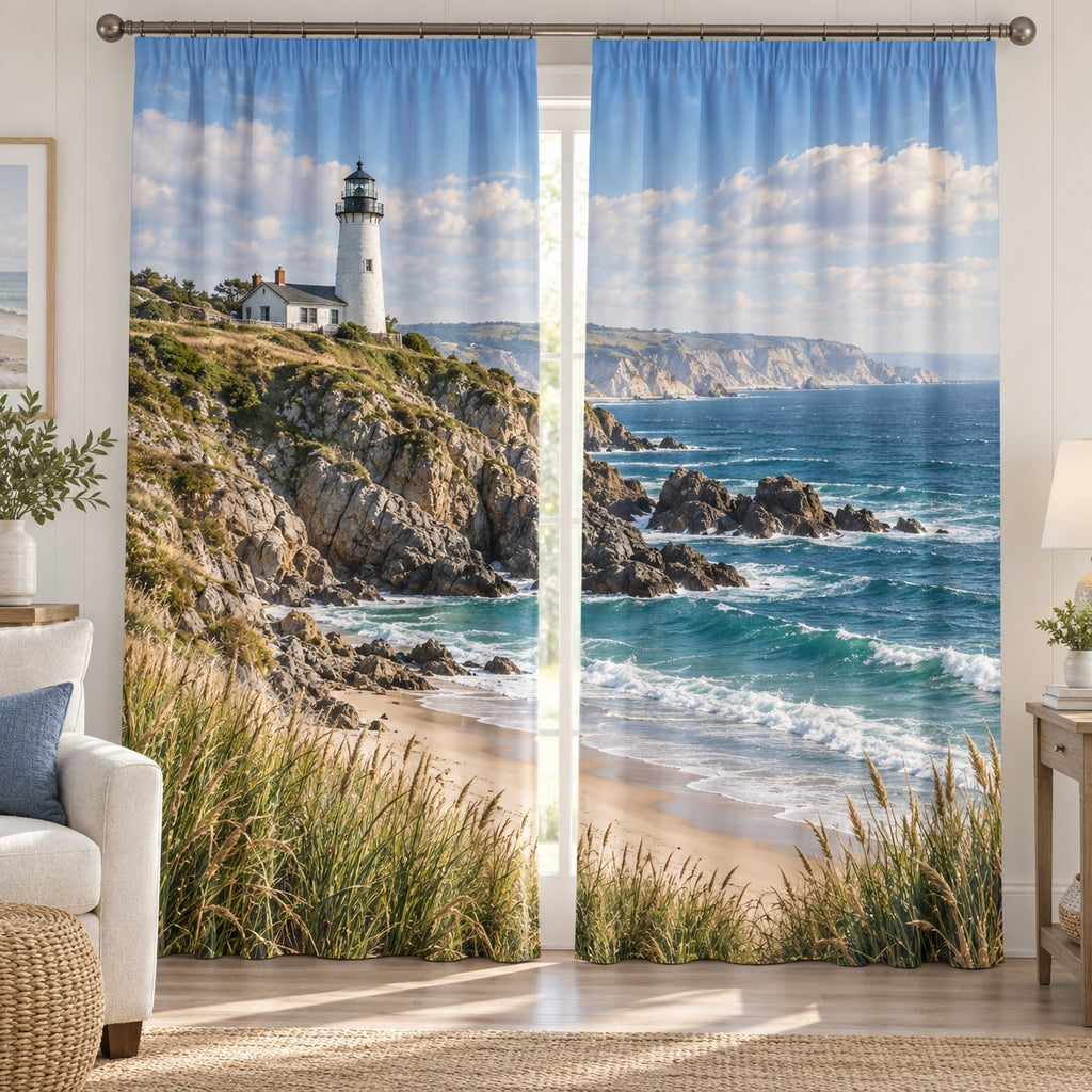Lighthouse Coast Window Curtain Pair with dimensional printed themed artwork; representative AI-generated mockup.