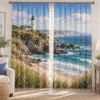 Lighthouse Coast Window Curtain Pair with dimensional printed themed artwork; representative AI-generated mockup.