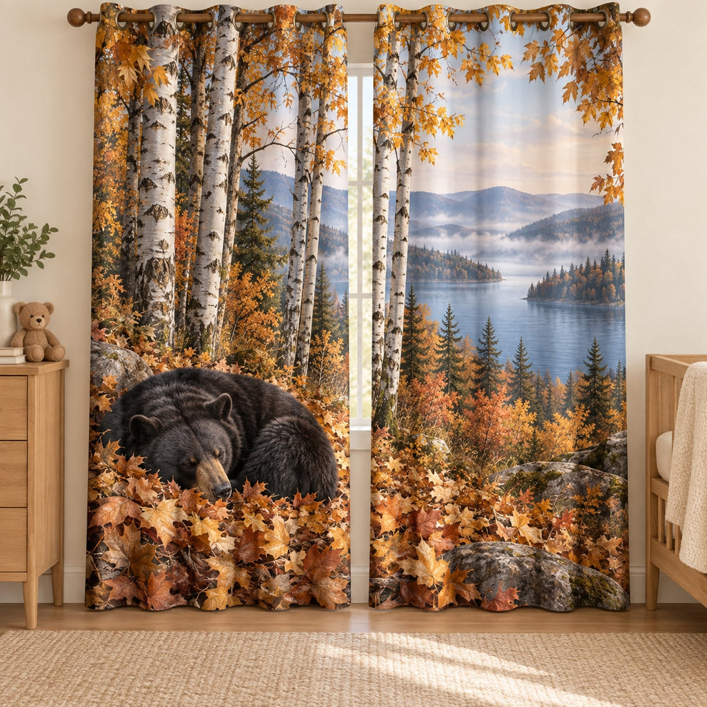 Sleeping Bear Leaves Window Curtain Pair with dimensional printed themed artwork; representative AI-generated mockup.