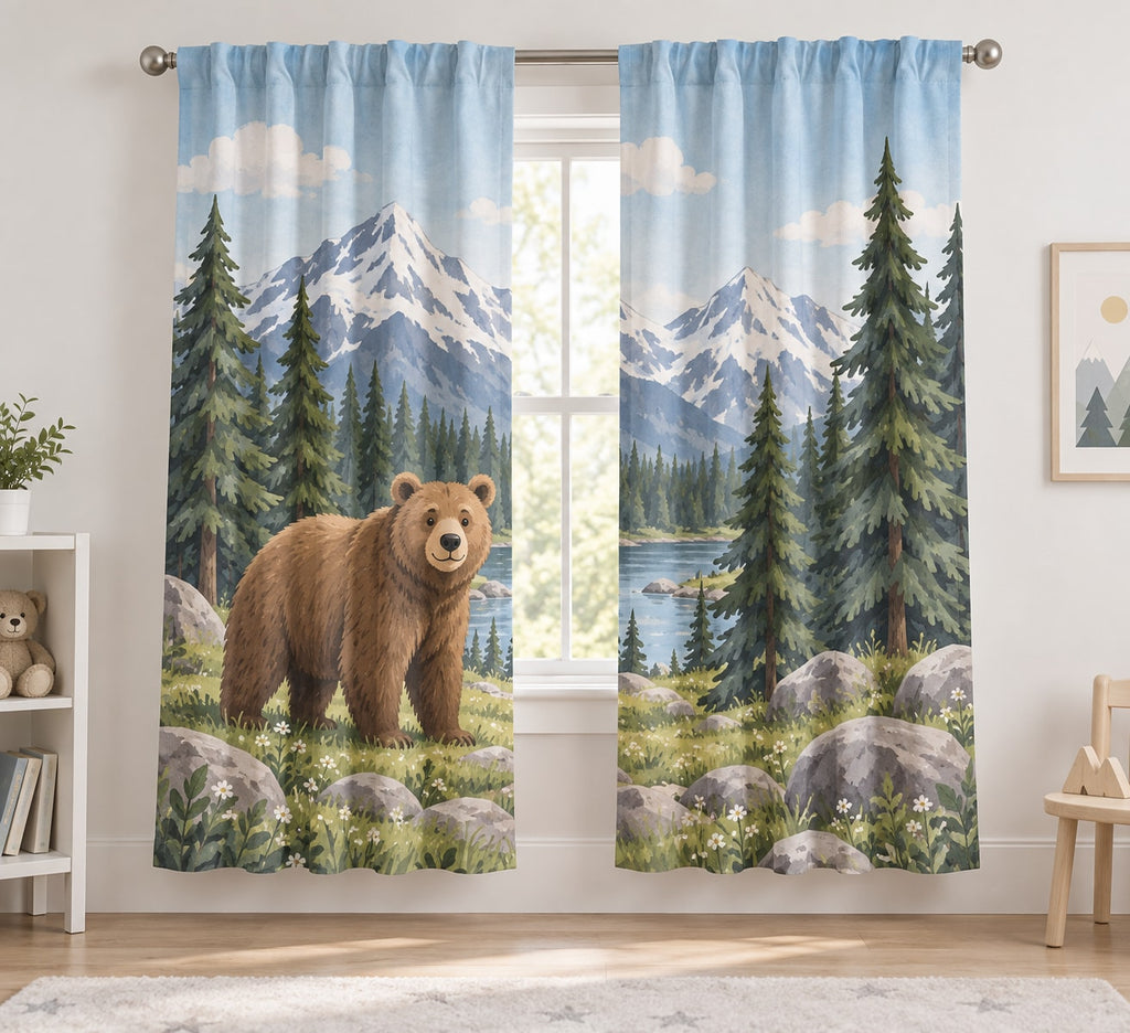 Mountain Bear Adventure Window Curtain Pair with dimensional printed themed artwork; representative AI-generated mockup.