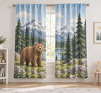 Mountain Bear Adventure Window Curtain Pair with dimensional printed themed artwork; representative AI-generated mockup.