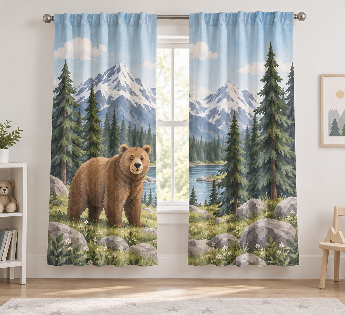 Mountain Bear Adventure Window Curtain Pair with dimensional printed themed artwork; representative AI-generated mockup.