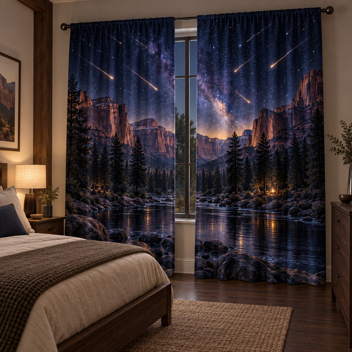 Meteor Shower Window Curtain Pair with dimensional printed themed artwork; representative AI-generated mockup.