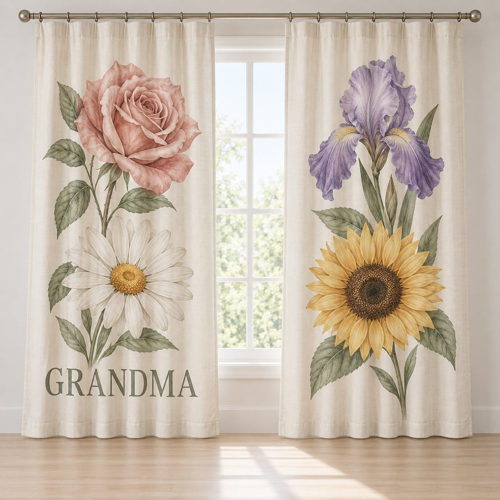 Grandmother Birth Flower Garden Window Curtain Pair with dimensional printed themed artwork; representative AI-generated mockup.
