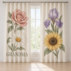 Grandmother Birth Flower Garden Window Curtain Pair with dimensional printed themed artwork; representative AI-generated mockup.