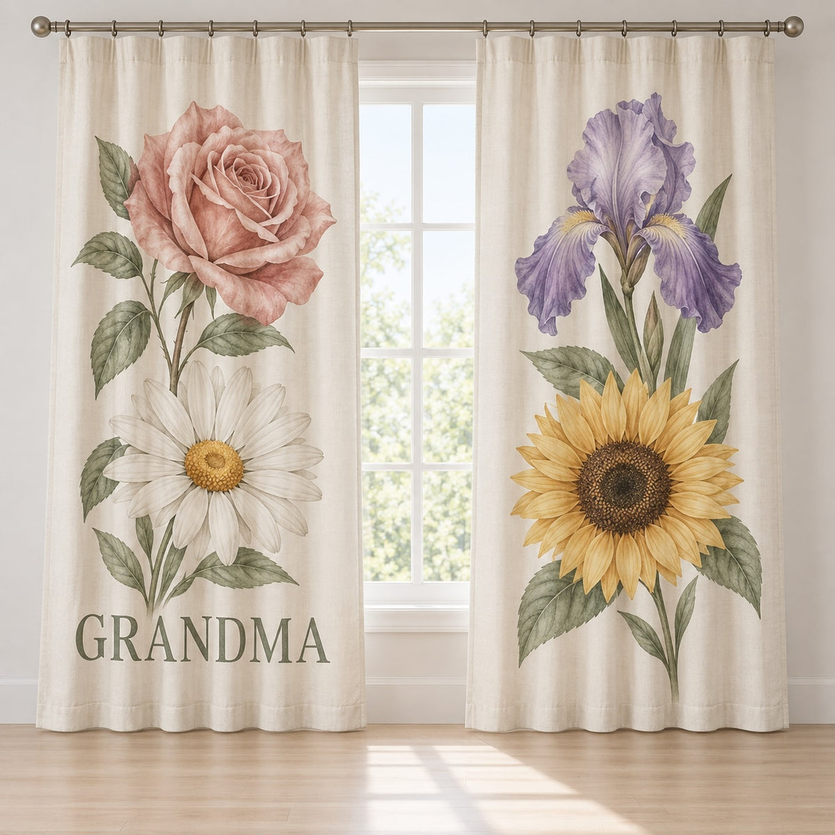 Grandmother Birth Flower Garden Window Curtain Pair with dimensional printed themed artwork; representative AI-generated mockup.