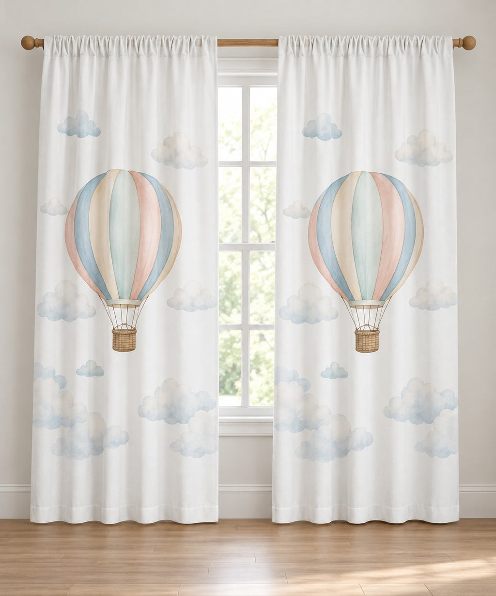Hot Air Balloon Sky Window Curtain Pair with dimensional printed themed artwork; representative AI-generated mockup.