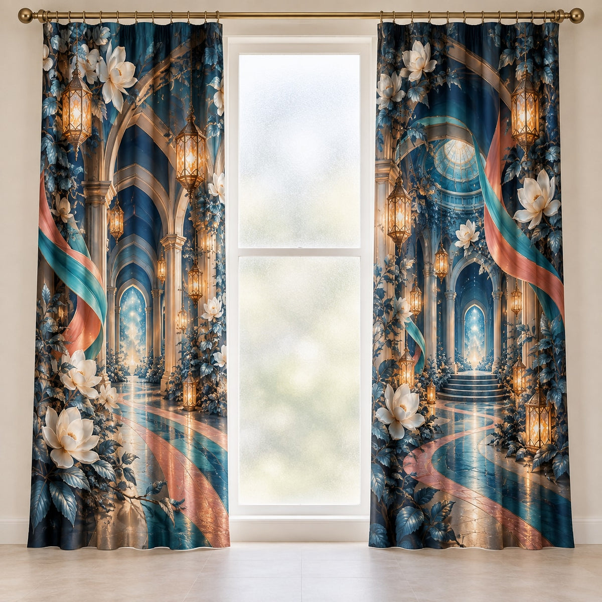 Nurse Care Lantern Atrium Window Curtain Pair with dimensional printed themed artwork; representative AI-generated mockup.