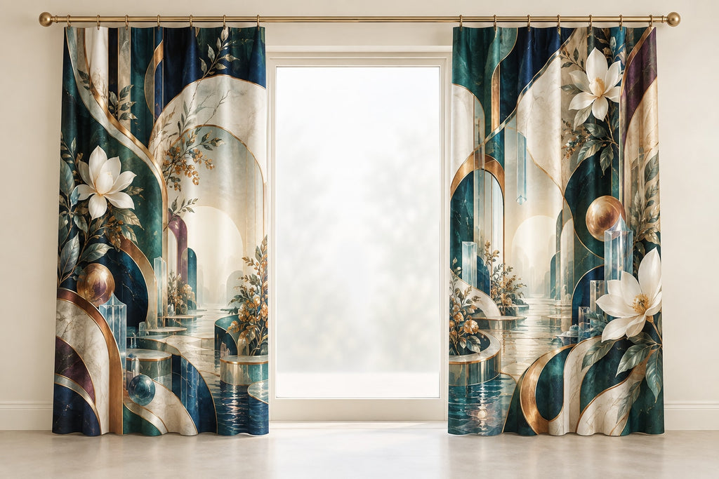 Equilibrium Ledger Atrium Window Curtain Pair with dimensional printed themed artwork; representative AI-generated mockup.