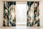 Equilibrium Ledger Atrium Window Curtain Pair with dimensional printed themed artwork; representative AI-generated mockup.