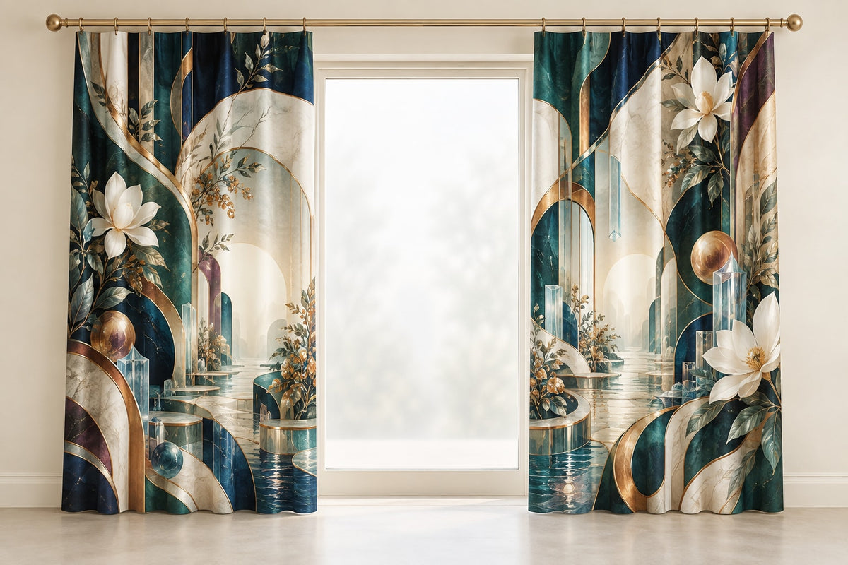 Equilibrium Ledger Atrium Window Curtain Pair with dimensional printed themed artwork; representative AI-generated mockup.