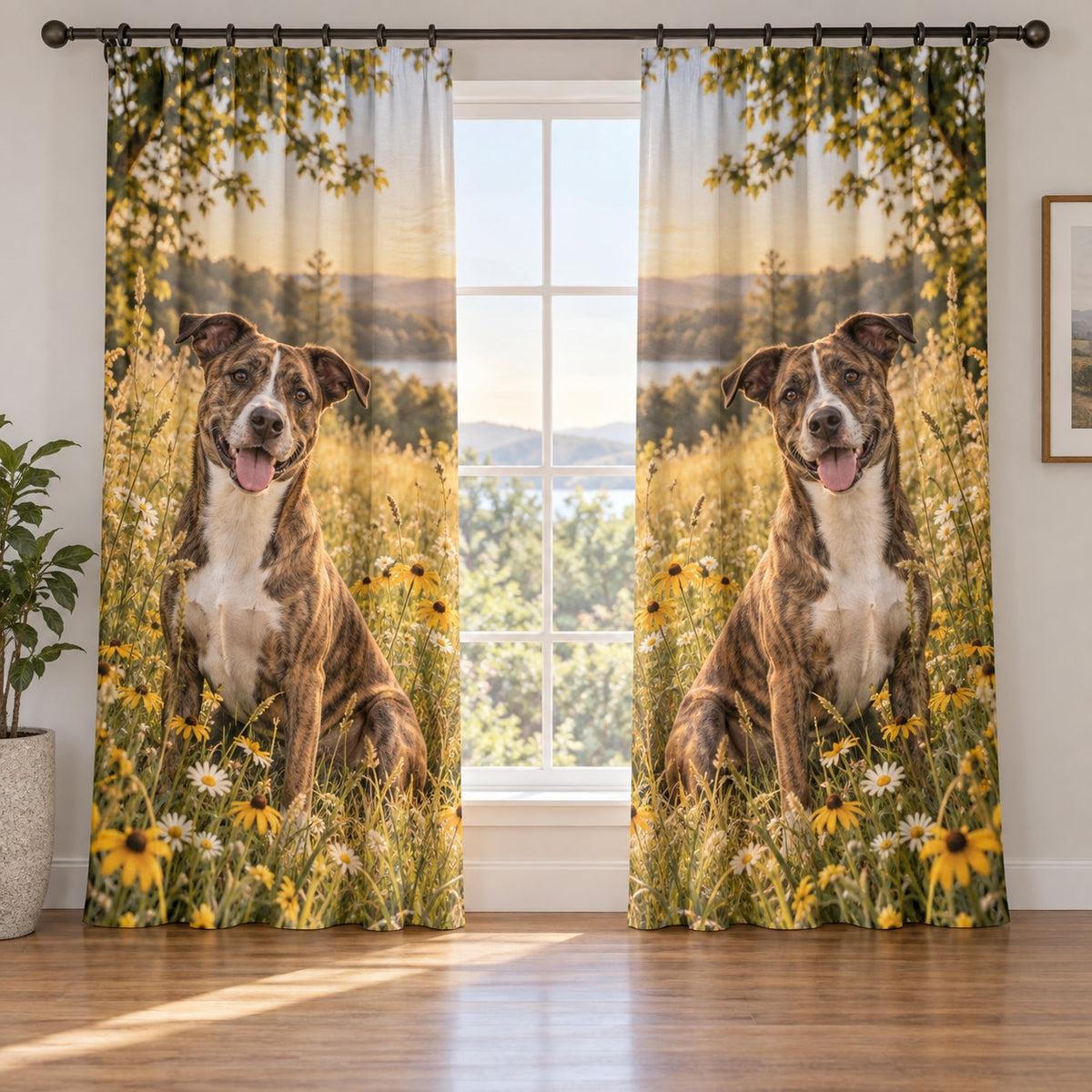 Rescue Mixed Breed Dog Window Curtain Pair with dimensional printed themed artwork; representative AI-generated mockup.
