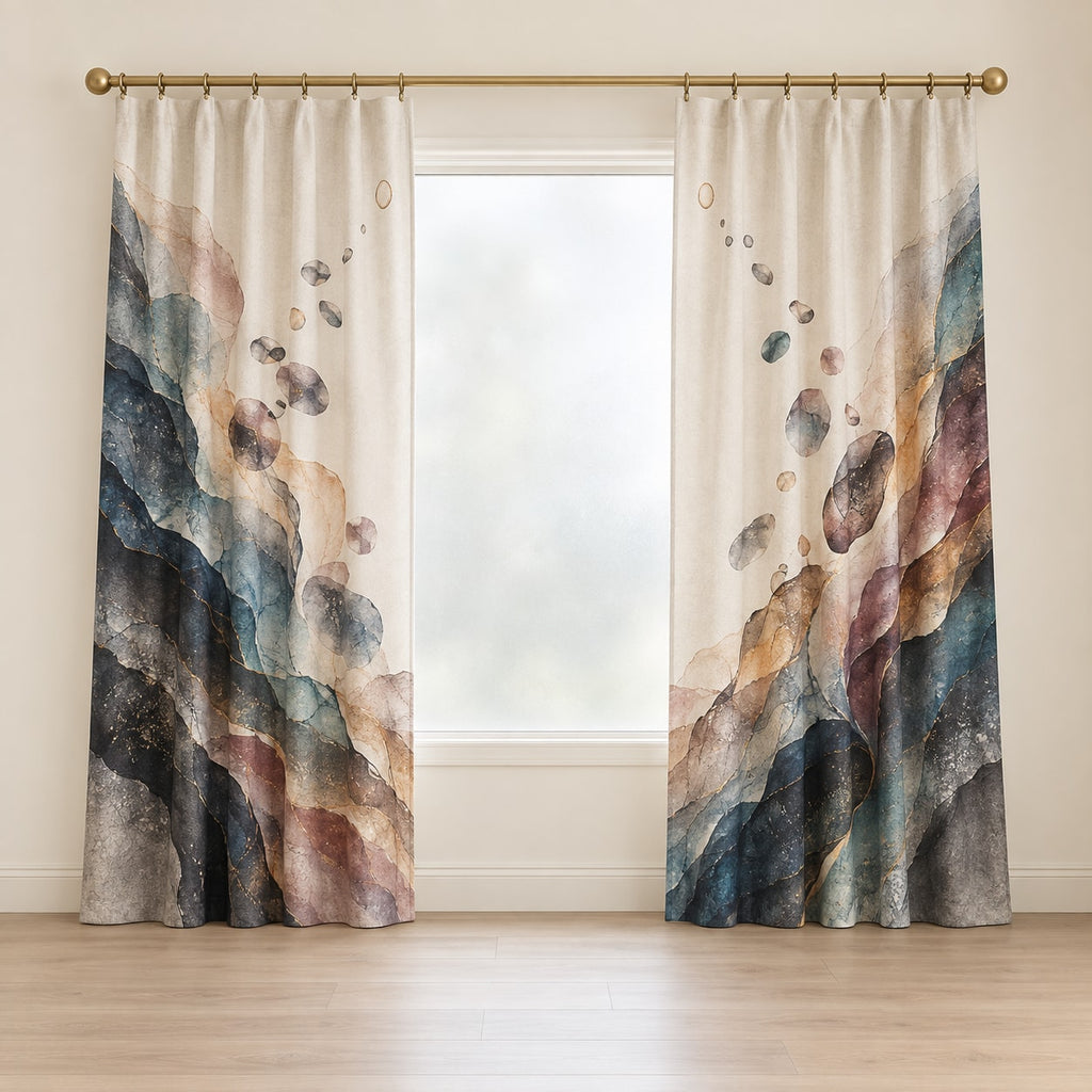 Silvergrain Afterimage Window Curtain Pair with dimensional printed themed artwork; representative AI-generated mockup.