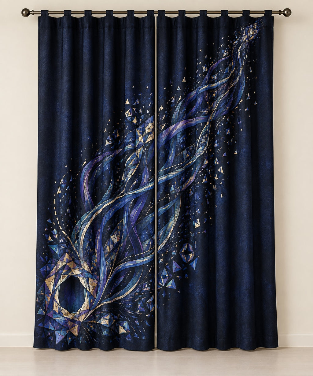 Nocturne Orrery Window Curtain Pair with dimensional printed themed artwork; representative AI-generated mockup.