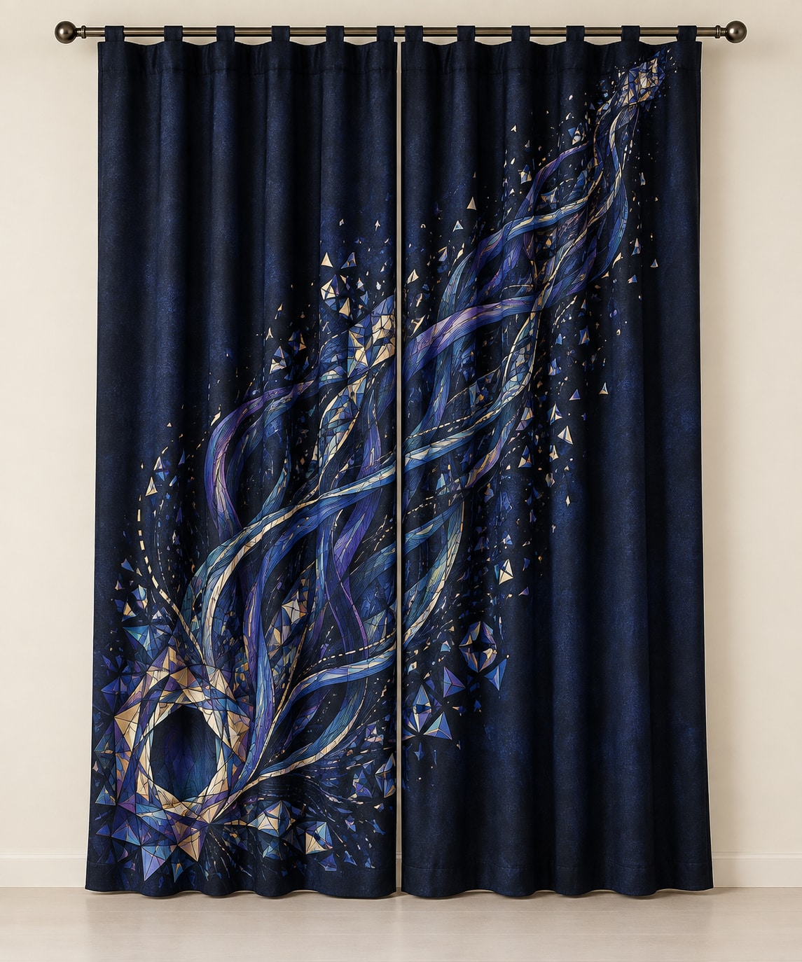Nocturne Orrery Window Curtain Pair with dimensional printed themed artwork; representative AI-generated mockup.