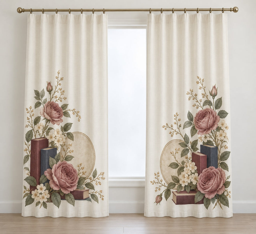 Antique Library Rose Window Curtain Pair with dimensional printed themed artwork; representative AI-generated mockup.