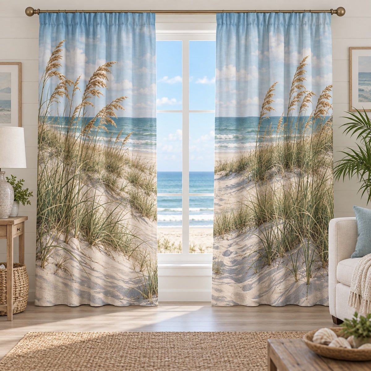 Coastal Dune Grass Window Curtain Pair with dimensional printed themed artwork; representative AI-generated mockup.
