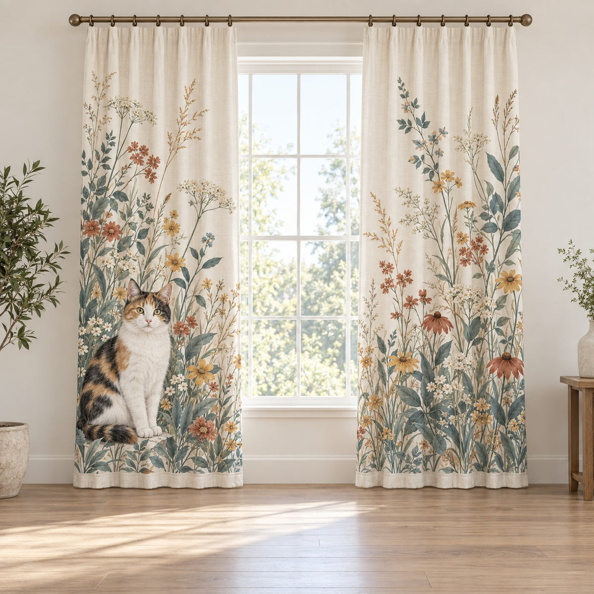 Calico Cat Companion Window Curtain Pair with dimensional printed themed artwork; representative AI-generated mockup.