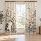 Calico Cat Companion Window Curtain Pair with dimensional printed themed artwork; representative AI-generated mockup.