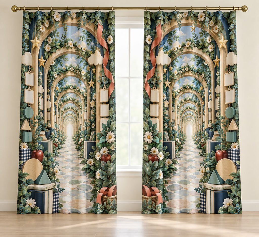 Inclusive Learning Sanctuary Window Curtain Pair with dimensional printed themed artwork; representative AI-generated mockup.