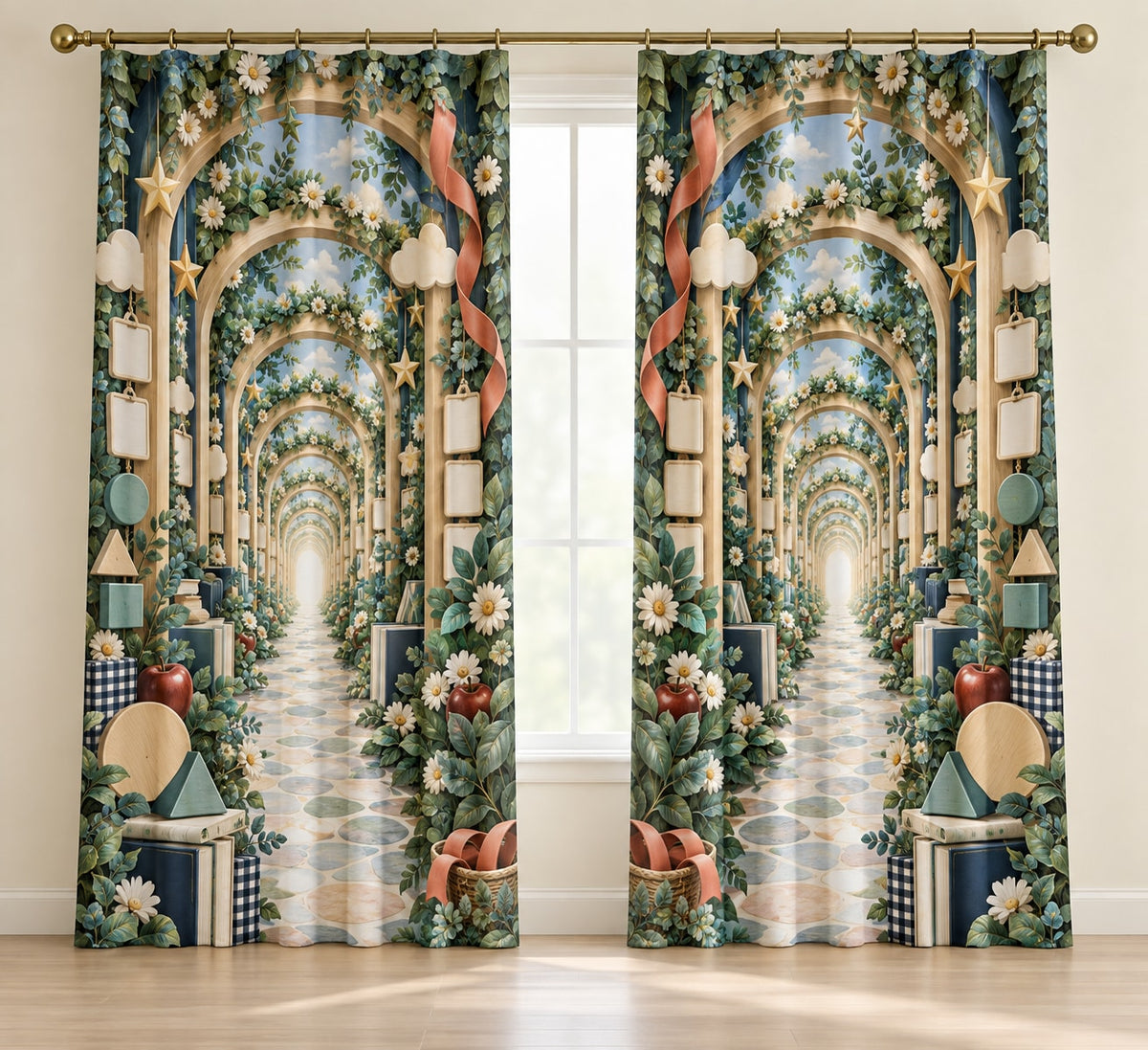 Inclusive Learning Sanctuary Window Curtain Pair with dimensional printed themed artwork; representative AI-generated mockup.