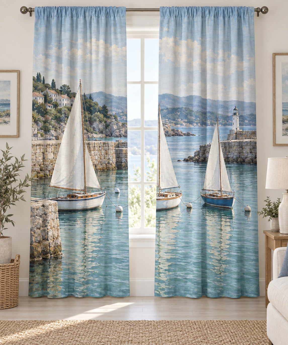 Sailboat Harbor Window Curtain Pair with dimensional printed themed artwork; representative AI-generated mockup.