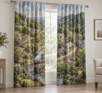 Storybook Train Village Map Window Curtain Pair with dimensional printed themed artwork; representative AI-generated mockup.