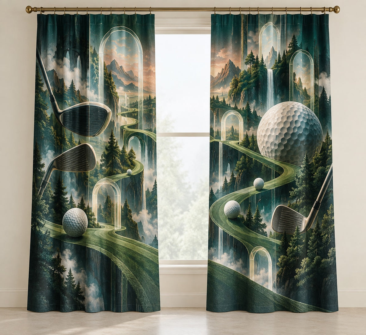 Verdant Pinflight Observatory Window Curtain Pair with dimensional printed themed artwork; representative AI-generated mockup.