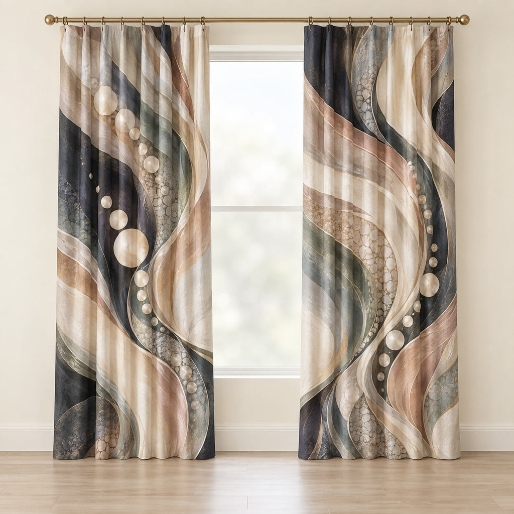 Prismatic Soapfold Cascade Window Curtain Pair with dimensional printed themed artwork; representative AI-generated mockup.