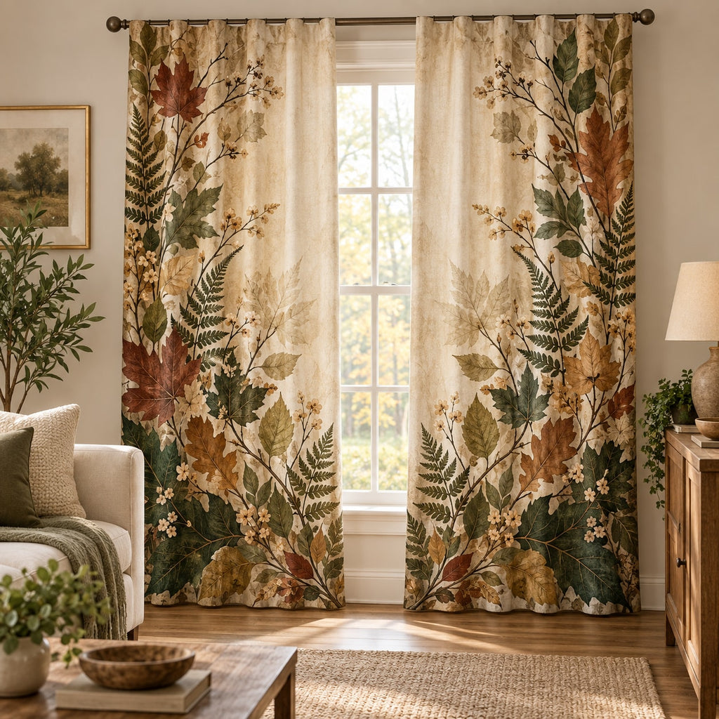 Pressed Woodland Leaves Window Curtain Pair with dimensional printed themed artwork; representative AI-generated mockup.
