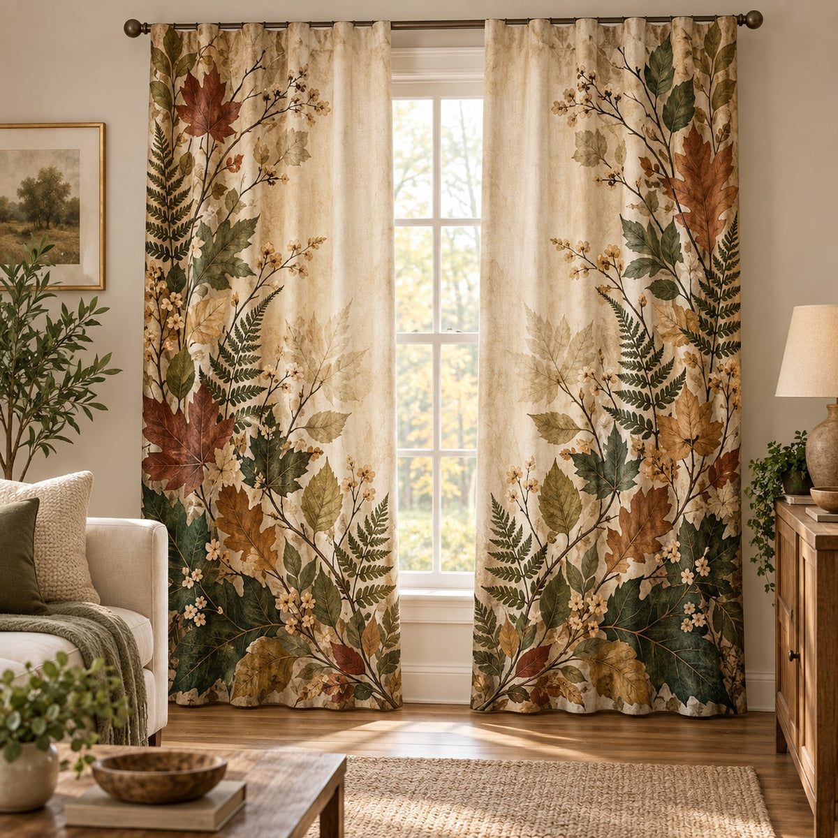 Pressed Woodland Leaves Window Curtain Pair with dimensional printed themed artwork; representative AI-generated mockup.