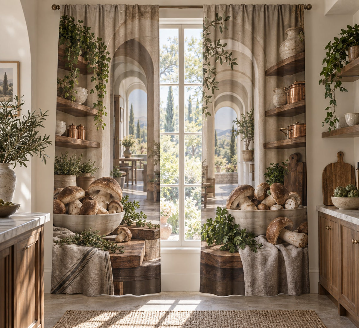 Mushroom Kitchen Study Window Curtain Pair with dimensional printed themed artwork; representative AI-generated mockup.