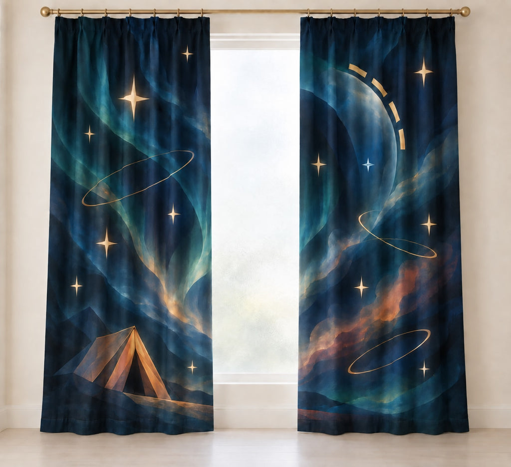 Nightglass Camp Observatory Window Curtain Pair with dimensional printed themed artwork; representative AI-generated mockup.