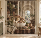 Mushroom Kitchen Study Shower Curtain with dimensional printed themed artwork; representative AI-generated mockup.