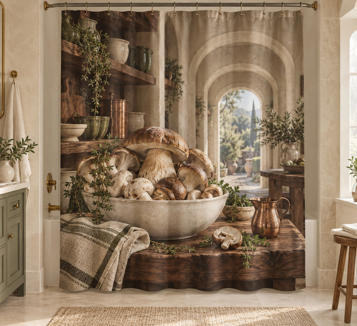 Mushroom Kitchen Study Shower Curtain with dimensional printed themed artwork; representative AI-generated mockup.