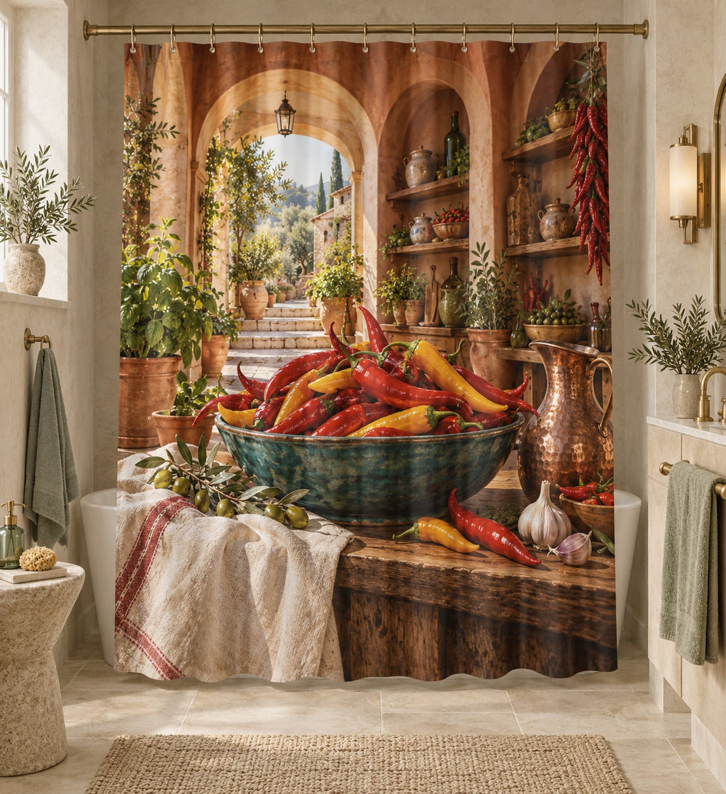 Chili Pepper Kitchen Shower Curtain with dimensional printed themed artwork; representative AI-generated mockup.