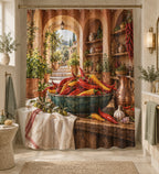Chili Pepper Kitchen Shower Curtain with dimensional printed themed artwork; representative AI-generated mockup.