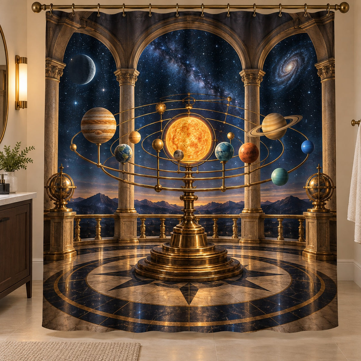 Vintage Solar System Shower Curtain with dimensional printed themed artwork; representative AI-generated mockup.