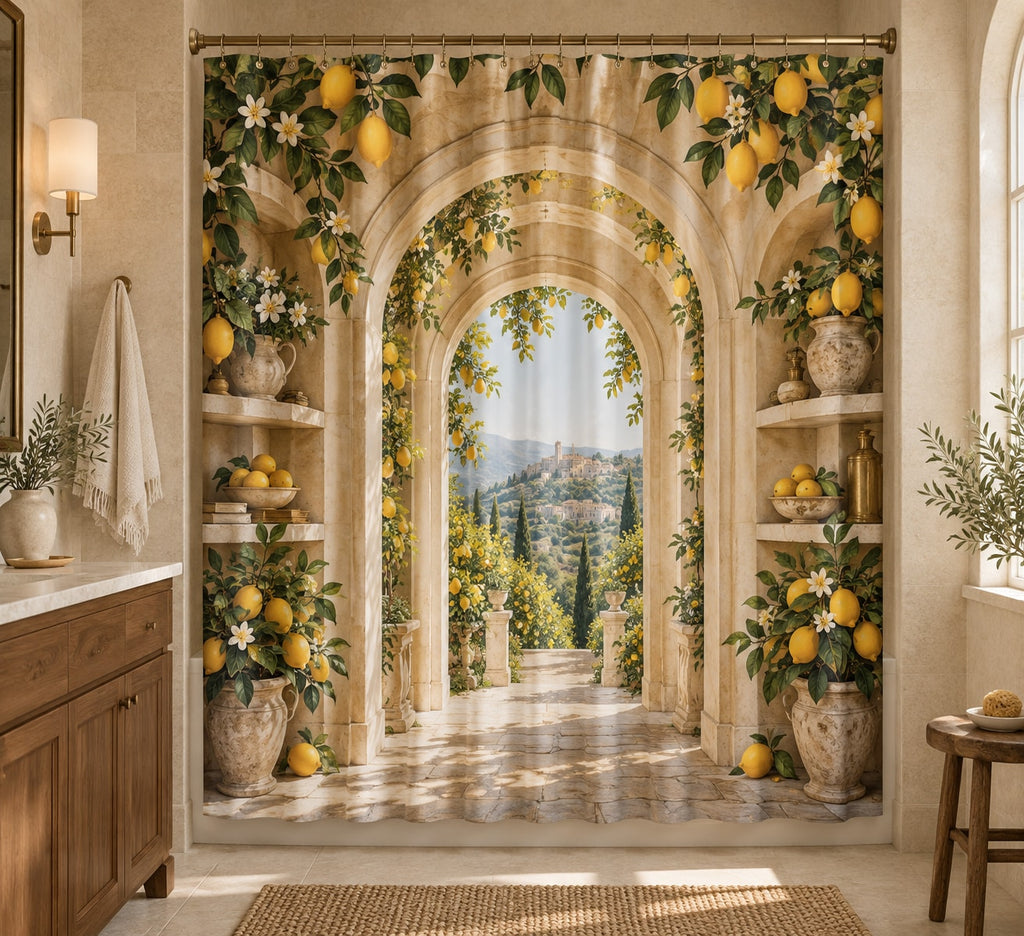 Lemon Kitchen Shower Curtain with dimensional printed themed artwork; representative AI-generated mockup.