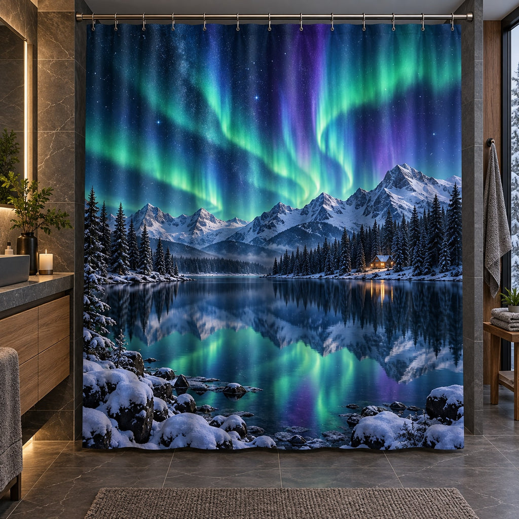 Northern Lights Shower Curtain with dimensional printed themed artwork; representative AI-generated mockup.