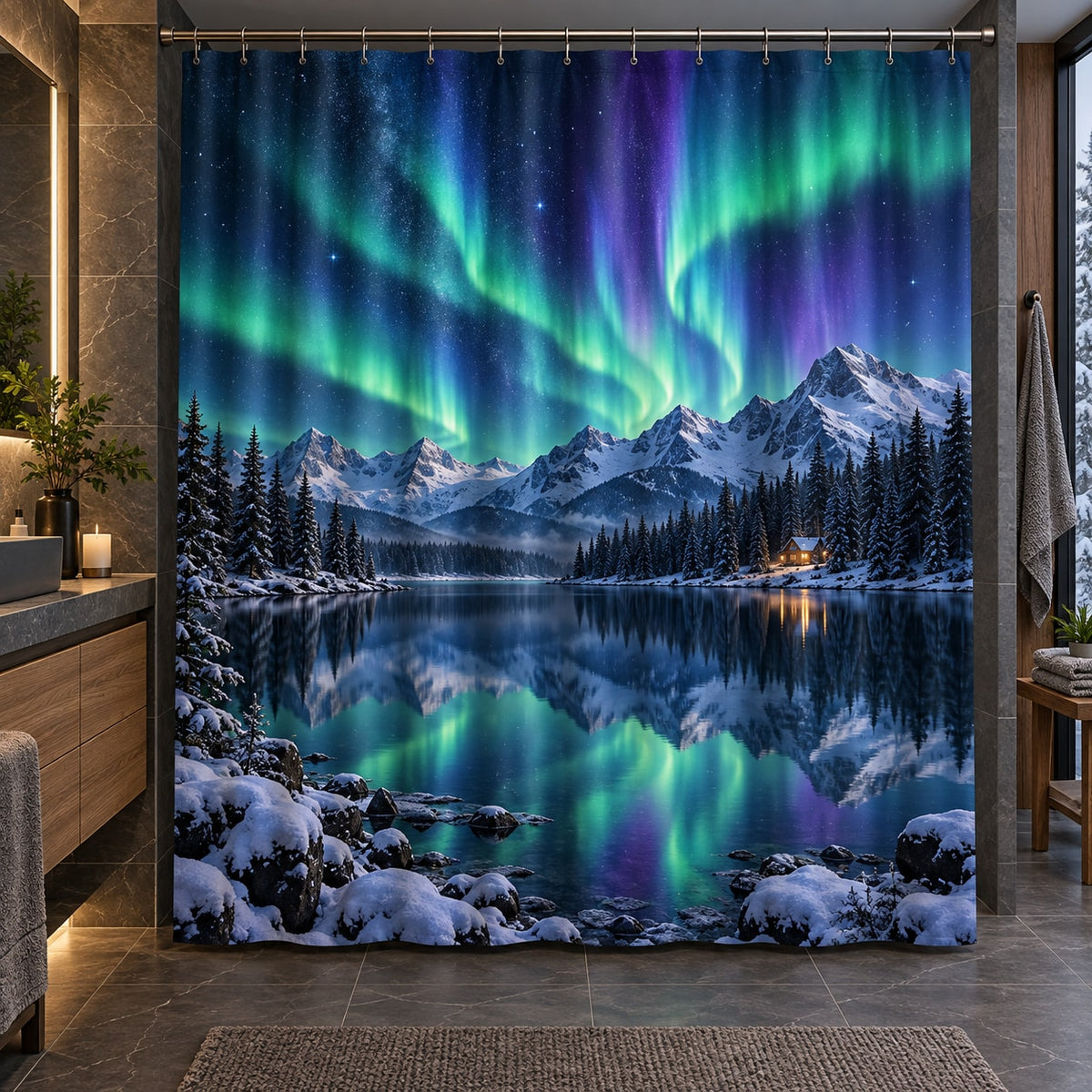 Northern Lights Shower Curtain with dimensional printed themed artwork; representative AI-generated mockup.
