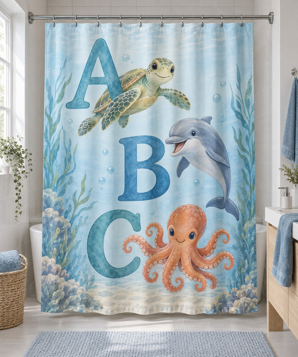 Ocean Animal Alphabet Shower Curtain with dimensional printed themed artwork; representative AI-generated mockup.