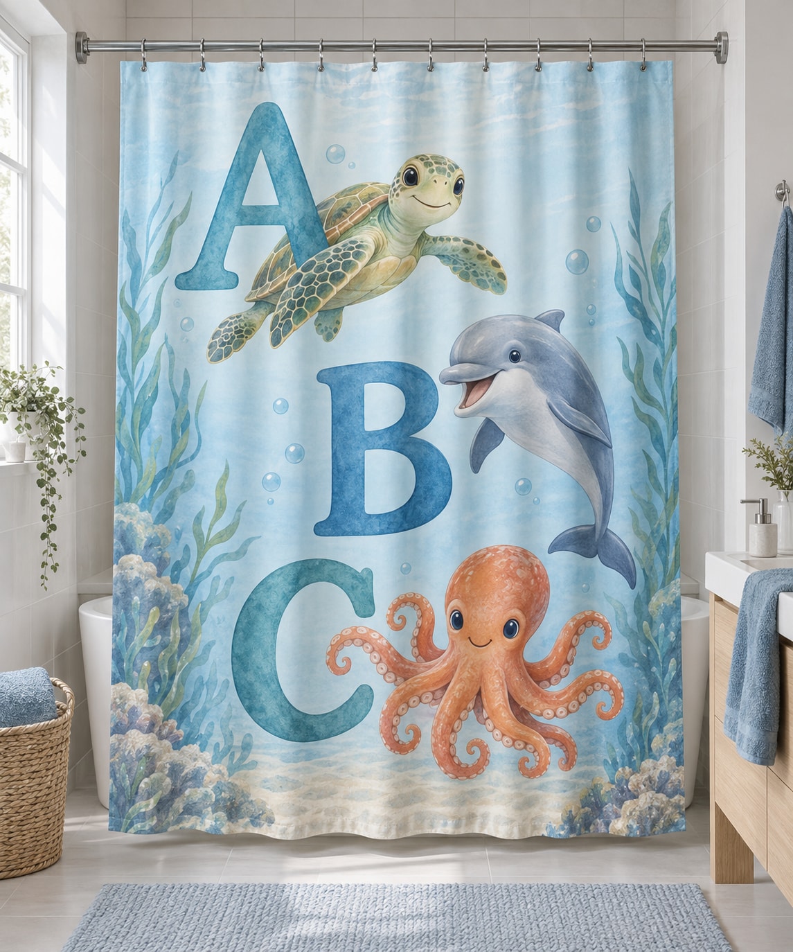 Ocean Animal Alphabet Shower Curtain with dimensional printed themed artwork; representative AI-generated mockup.