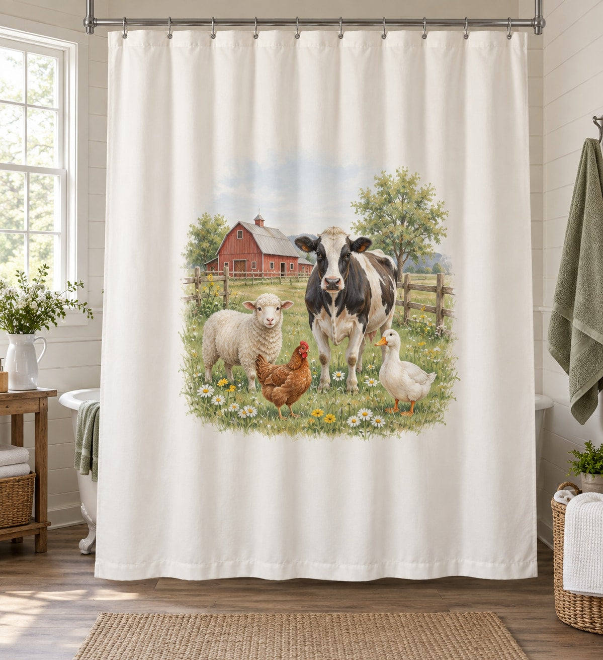 Farm Animal Morning Shower Curtain with dimensional printed themed artwork; representative AI-generated mockup.