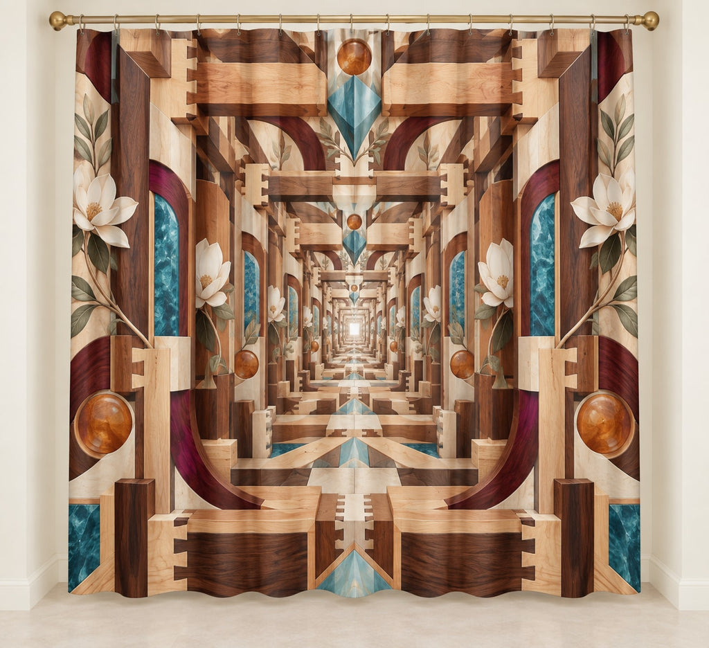 Timber Joinery Atrium Shower Curtain with dimensional printed themed artwork; representative AI-generated mockup.