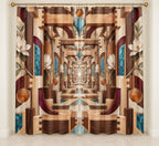 Timber Joinery Atrium Shower Curtain with dimensional printed themed artwork; representative AI-generated mockup.
