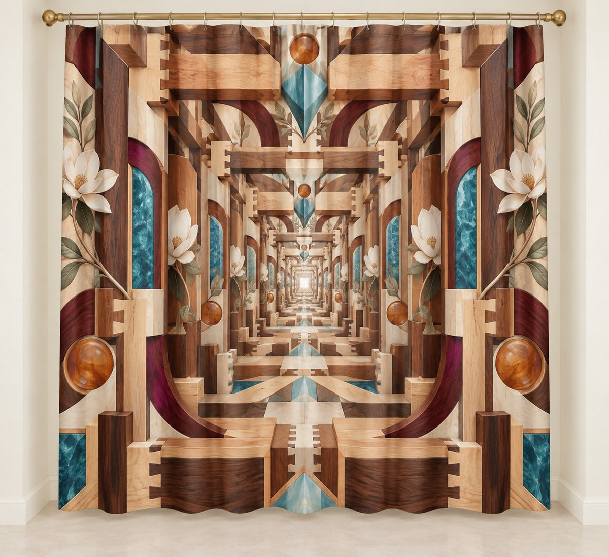 Timber Joinery Atrium Shower Curtain with dimensional printed themed artwork; representative AI-generated mockup.