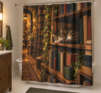 Cat in a Bookshop Shower Curtain with dimensional printed themed artwork; representative AI-generated mockup.